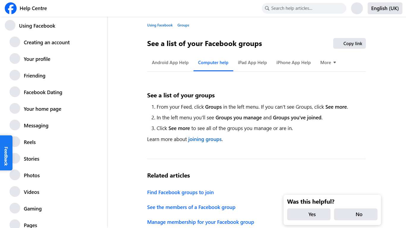 See a list of your Facebook groups Facebook Help Centre