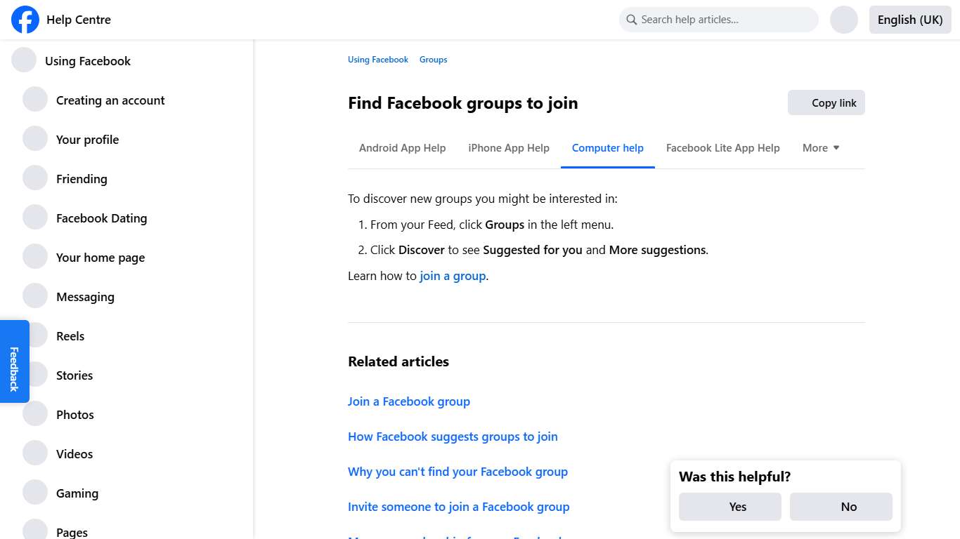 Find Facebook groups to join Facebook Help Centre